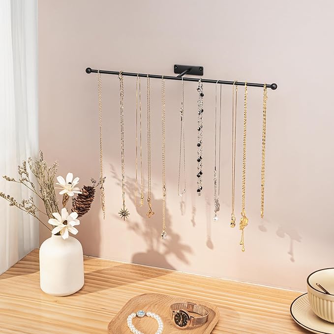 Wall Hanging Jewelry Organizer: 12.6'' Necklace Holder for Earring, Bracelet, Rings, Hairband, Glasses, Black 4-Pack, Screws Included