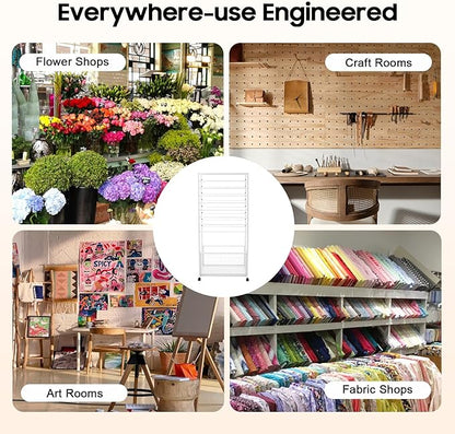 Ribbon Holder Organizer Rack,Double-Sided 16-TierRibbon Display Stand with Storage Basket and Wheels,Multifunctional Flower Wrapping Paper Storage Stand,for Flower Shops, Craft Rooms (White)