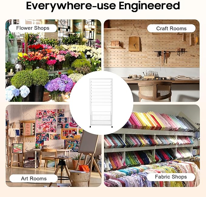 16 Tier Ribbon Holder Organizer Rack Double-Sided Ribbon Storage Holder Multifunctional Flower Wrapping Paper Storage Stand Rolling Metal Display Shelf with Storage Basket (White)