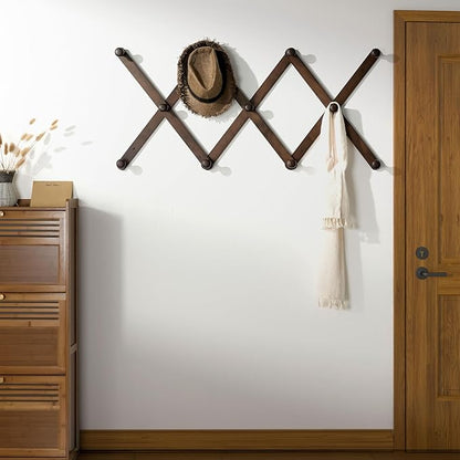 SKOLOO Large Hat Rack for Wall, Wooden Accordion Wall Hanger, Modern, Expandable Coat Hooks, Hat Display Rack for Home, Office, and Studio, 11 Peg, Walnut