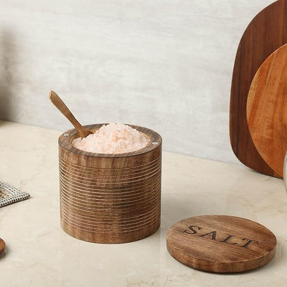 dudki Wooden Salt Box (5 inch x 5 inch) with Magnetic Lid With Wooden Spoon| 800 ML Round Container| Bowl Pot Jar | Textured Salt Box| Kitchen Home| Seasonings