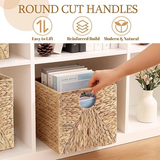 Jinei 6 Pcs Wicker Storage Basket Bulk 12 x 12 x 12 Inch Handwoven Water Hyacinth Cube Bin with Handles Woven Laundry for Organizer Shelves Wood Color