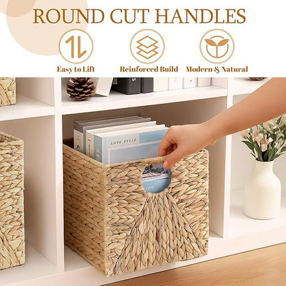 Jinei 6 Pcs Wicker Storage Basket Bulk 12 x 12 x 12 Inch Handwoven Water Hyacinth Cube Bin with Handles Woven Laundry for Organizer Shelves Wood Color