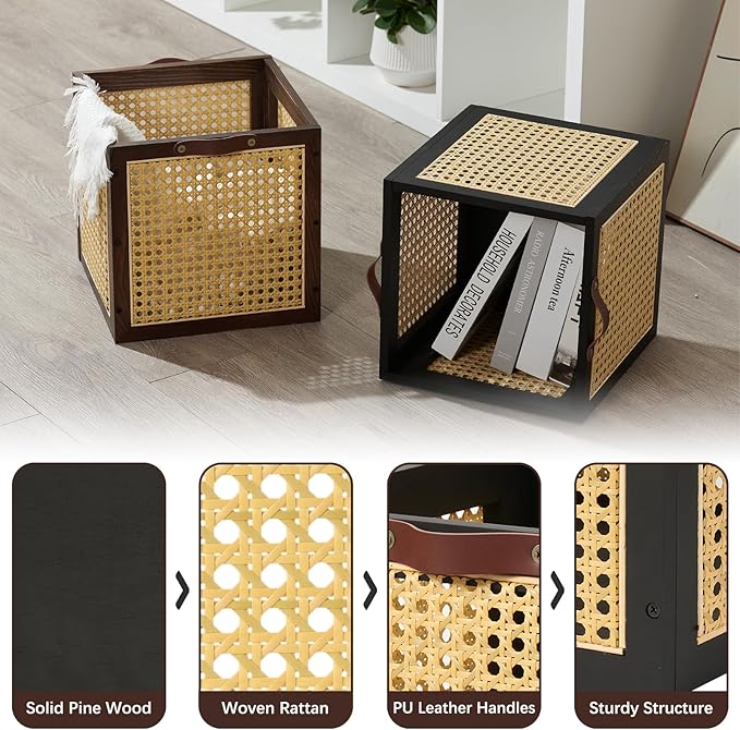 2PCS Rattan Storage Cubes Wooden Storage Baskets Boxes Decorative Natural Handmade Bohemian Solid Wood Woven Wicker Cane Bin Closet Shelf Clothes Organizer Books Magazine Holder (Black)