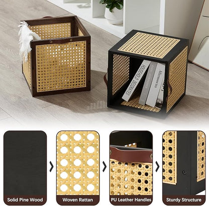 Rattan Storage Cubes Wooden Storage Baskets Boxes Decorative Natural Handmade Bohemian Solid Wood Woven Wicker Cane Bin Closet Shelf Clothes Organizer Books Magazine Holder (Black)