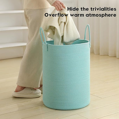 Laundry Basket Hamper Tall Rope Storage Woven for Blanket toys Dirty Clothes in Living Room Bathroom Bedroom (Cyan, 100L/26.4Gal)