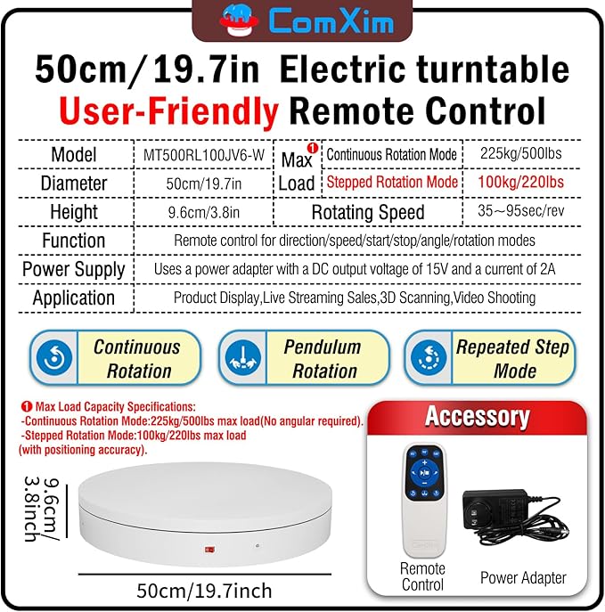 19.7In Remote Large Motorized electric turntable Rotating platform Photography Turntable Motorized lazy susan Base giratoria para for Photography,3D Scanner,Heavy duty display(Load Range:220~500lbs)