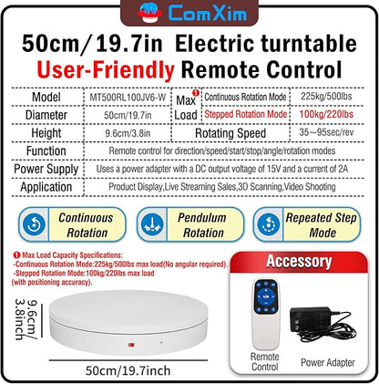 19.7In Remote Large Motorized electric turntable Rotating platform Photography Turntable Motorized lazy susan Base giratoria para for Photography,3D Scanner,Heavy duty display(Load Range:220~500lbs)