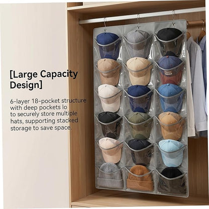 Hanging Shoe Organizer for Closet, Over Door Storage with 18 Clear PVC Pockets Large Baseball Caps Bag, Gray