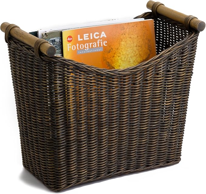 The Basket Lady Narrow Wicker Magazine Basket, Large, 14 in L x 7.5 in W x 12 in H, Antique Walnut Brown