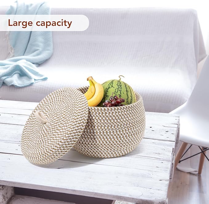 Angoily Storage Basket, 6.6 Quarts Woven Cotton Rope Basket with Lid, 1.6 Gal Small Round Decorative Storage Organizier Bin Box for Nursery, Living Room, Blanket, Home Decor, Bedroom