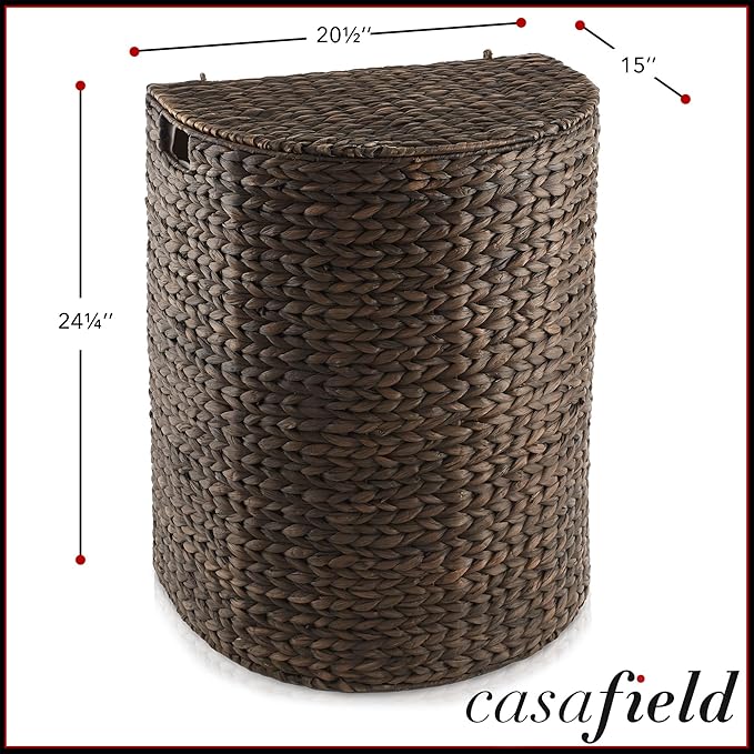 Casafield Half Moon Laundry Hamper with Lid and Removable Liner Bag - Espresso Dark Brown, Woven Water Hyacinth Laundry Basket for Clothes and Towels