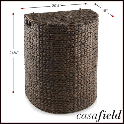 Casafield Half Moon Laundry Hamper with Lid and Removable Liner Bag - Espresso Dark Brown, Woven Water Hyacinth Laundry Basket for Clothes and Towels