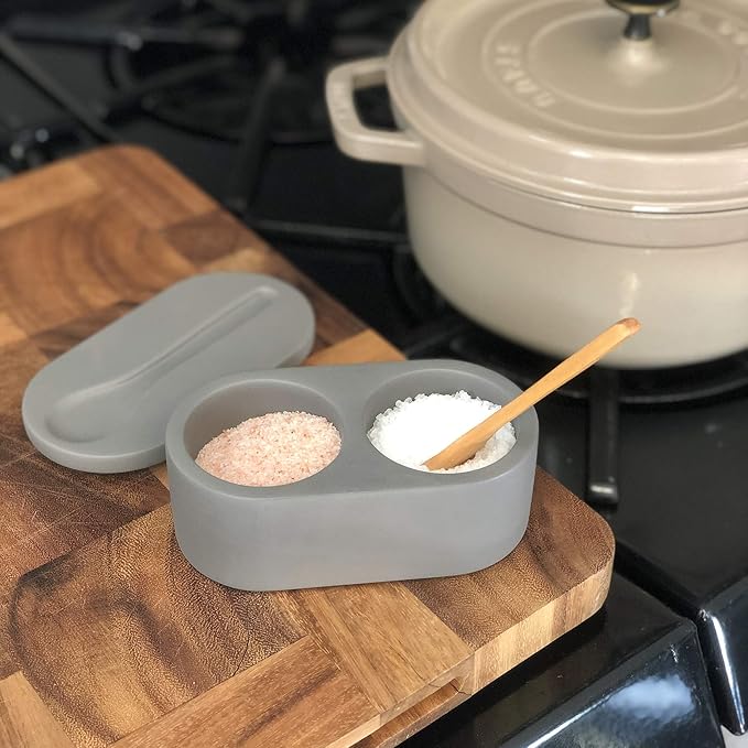 Fox Run 11725 Cement Double Salt Cellar with Spoon, 3 x 3.5 x 6.25 inches, Gray