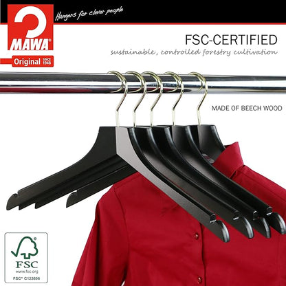 MAWA by Reston Lloyd, European Wooden Hanger, Beech Wood Straight Hanger with Shoulder Notches, Rotating Gold Hook, Black Finish, for Shirts, Blazers, Dress Clothes, Set of 5 (27115)