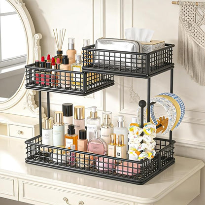 BCWW 3 Tiers Makeup Organizer Countertop Multi Bathroom Counter Organizer Metal Fruit Basket Perfume Skincare Organizers Holder for Vanities, Cabinet, Cosmetic, Dresser Organizer (Square(Black))