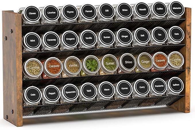 NESAPTO Spice Rack Organizer for Cabinet, Wood 4-Tier Vertical Seasoning Organizer, Wall Mount or Countertop Spice Shelf, Holds 36 Jars (No Jars Included), 17.2" W x 9.4" H