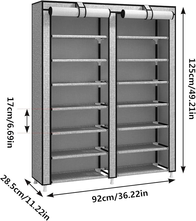 JIUYOTREE 7-Tier Shoe Rack Storage Organizer with Dustproof Cover Closet Cabinet Shelf Holds up to 28 Pairs for Doorway Corridor Balcony Living Room Ash Gray