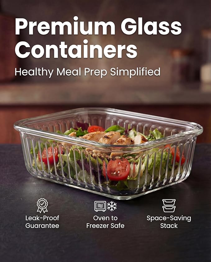 5-Packs, 36 Oz Glass Meal Prep Containers with Snap Locking Lids Glass Food Containers,Airtight Lunch Container,Microwave, Oven, Freezer and Dishwasher