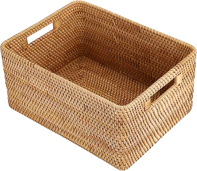 Hipiwe Handwoven Rattan Basket Decorative Natural Wicker Storage Basket Rectangular Wardrobe Home Organizer with Build-in Handles, 15" x 11" x 7.1"