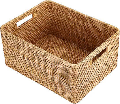 Hipiwe Handwoven Rattan Basket Decorative Natural Wicker Storage Basket Rectangular Wardrobe Home Organizer with Build-in Handles, 15" x 11" x 7.1"