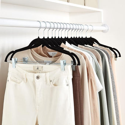 Amazon Basics Velvet Non-Slip Skirt Clothes Hangers with Clips, 360 Degree Rotatable Hook, Sturdy Construction, Organize Pants and Skirts, Black/Silver, 50-Pack
