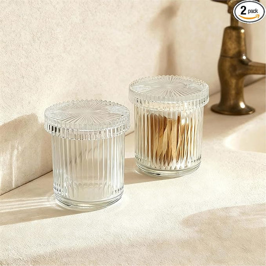 2Pack Vintage Lead-Free Glass Qtip Holder with Dust-Proof Lid, 3.5inch Diameter Storage Canister (Clear)