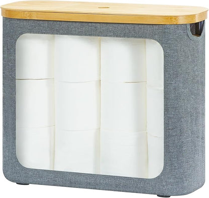 Toilet Paper Basket, Toilet Paper Storage with Lid for 12 Rolls, Bathroom Storage Organizer with Bamboo Lid, Grey