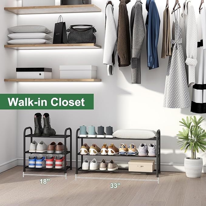 kiplant Shoe Rack for Closet, 3-Tier Expandable Shoe Organizer, Metal Adjustable Black Shoe Shelf Storage Organizer, Free Standing Shoe Rack for Entryway Closet Doorway