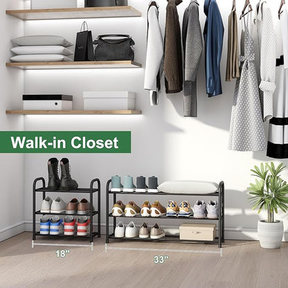 kiplant Shoe Rack for Closet, 3-Tier Expandable Shoe Organizer, Metal Adjustable Black Shoe Shelf Storage Organizer, Free Standing Shoe Rack for Entryway Closet Doorway