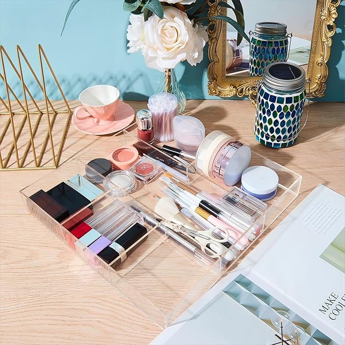 Chunful 2 Pieces Makeup Drawer Organizer 6 Section Clear Desk Organizer with Dividers 3 Section Acrylic Makeup Tray Divided Drawer Inserts Sectioned Tray Storage