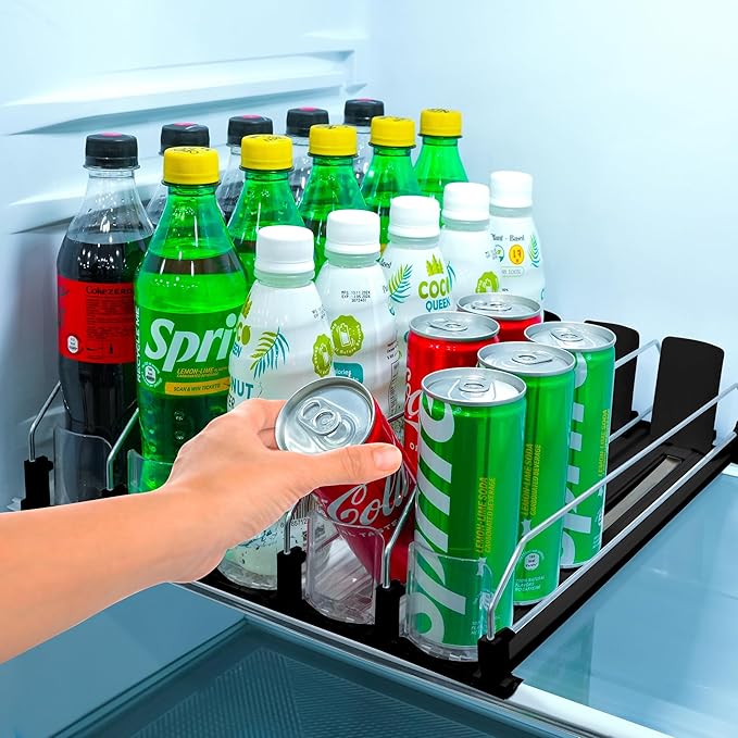 Drink Organizer for Fridge. Upgraded Drink Holder for Fridge with Larger Stopper Height. Width Adjustable Automatic Soda Can Organizer with Lock. Holds 25 Cans (5 Rows, Black)