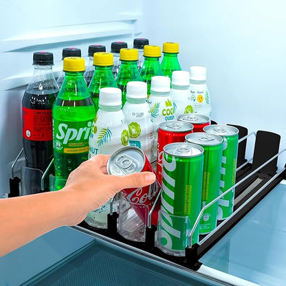 Drink Organizer for Fridge. Upgraded Drink Holder for Fridge with Larger Stopper Height. Width Adjustable Automatic Soda Can Organizer with Lock. Holds 25 Cans (5 Rows, Black)