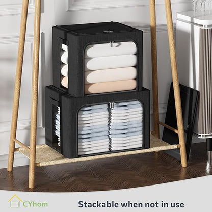 CYhom Clothes Storage Bins Box - Linen Fabric Foldable Stackable Container Organizer Set with Clear Window & Carry Handles & Metal Frame (Black, Medium-36L)