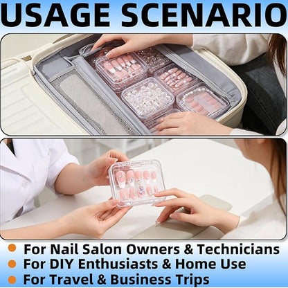 12 Pcs Clear Acrylic Press on Nail Storage Box with 30 Pcs Adhesive Double Sided Tape, Transparent Fake Nail Organizer Display Case for Nail Salon, Home, Travel & Nail Art Packaging
