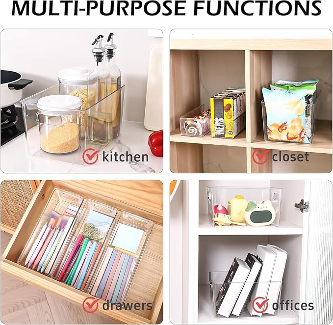 Clear Plastic Storage Bins 8 Pack - Pantry Organizers and Storage, Fridge Organizer Containers for Kitchen, Cabinet, Freezer, Bathroom, Clost, Home Organization
