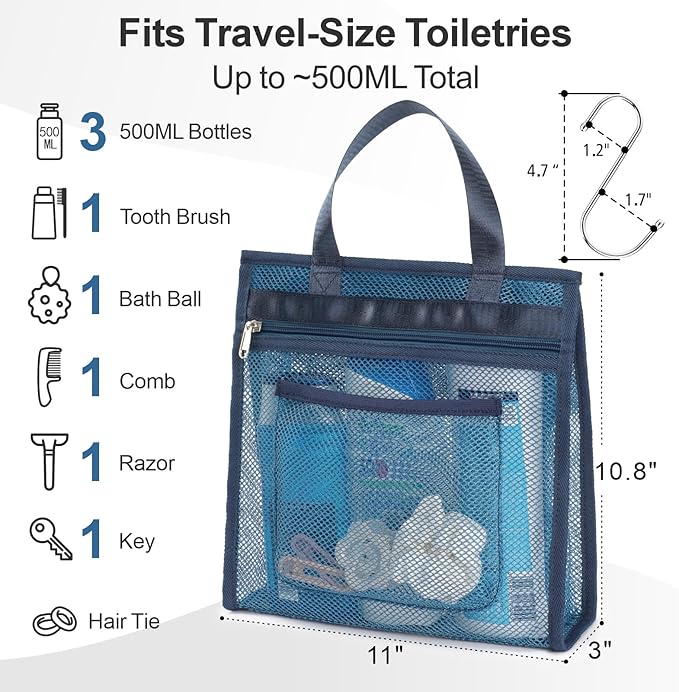 F-color Mesh Shower Caddy Portable Hanging - 3 Pockets Small Shower Bag Tote for Camping, Gym, Travel, Toiletry, Quick Dry Bathroom Essentials with S Hook, Navy Blue