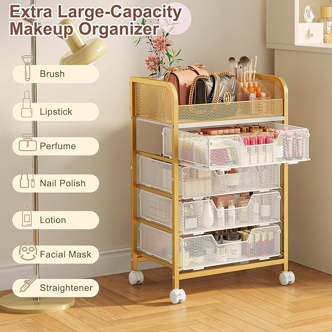 Hongtamoya Makeup Cart Organizer with 4 Drawers, Large Floor Skincare Organizers, Vanity Storage Organizer Cosmetics Display Cases for Skin Care Perfume Nail Polish, Gold