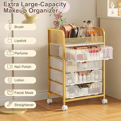 Hongtamoya Makeup Cart Organizer with 4 Drawers, Large Floor Skincare Organizers, Vanity Storage Organizer Cosmetics Display Cases for Skin Care Perfume Nail Polish, Gold