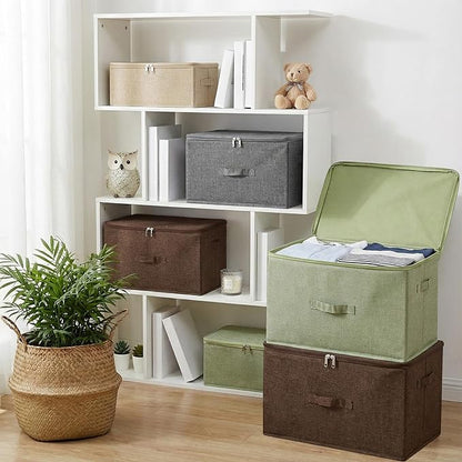 ANMINY 3PCS Storage Bins with Zipper Lids 51.9 Qt Lidded Fabric Storage Boxes Baskets Cubes with Handles Collapsible Washable Cotton Linen Closet Shelf Clothes Organizer - Coffee, Extra Large