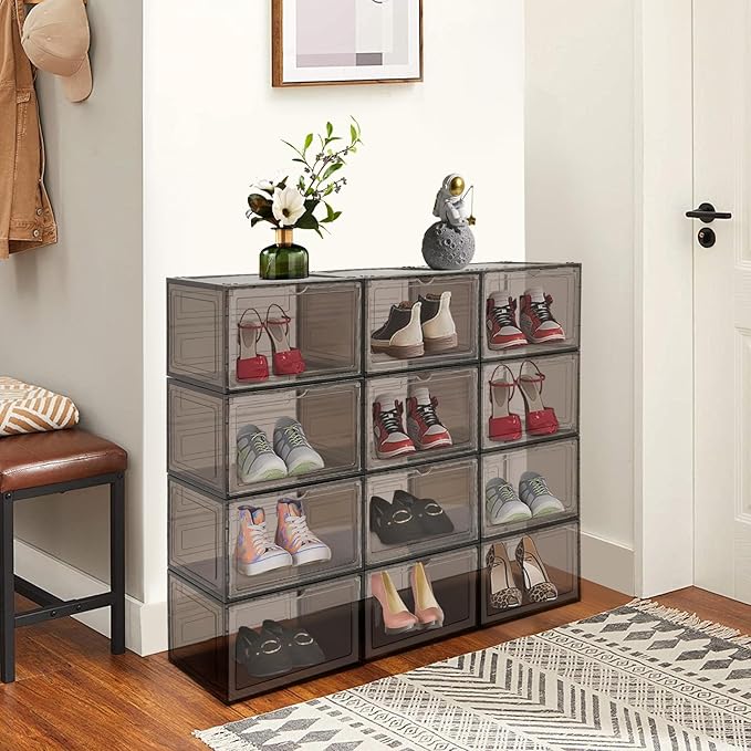 12pcs Acrylic Shoe Box, Shoe Container Stackable Shoe Organizer Acrylic Display Case Sneaker Storage Sturdy Magnet for Entryway, Closets, Bedrooms, Bathrooms