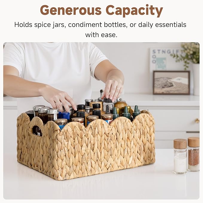 StorageWorks Scalloped Water Hyacinth Baskets, Hand-woven Rattan Baskets with Built-in Handles, Cute Baby Basket for Nursery, Basket for Organizing and Decor, 16½"L x 13"W x 7½"H