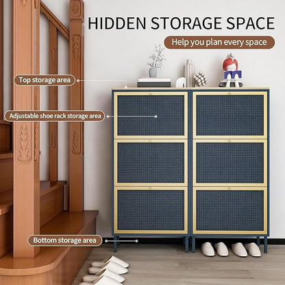 Natural Rattan Shoe Cabinet with 3 Flip Drawers, Entrance Hallway Free Standing Shoe Racks with Metal Legs for Heels, Boots, Slippers (Blue)