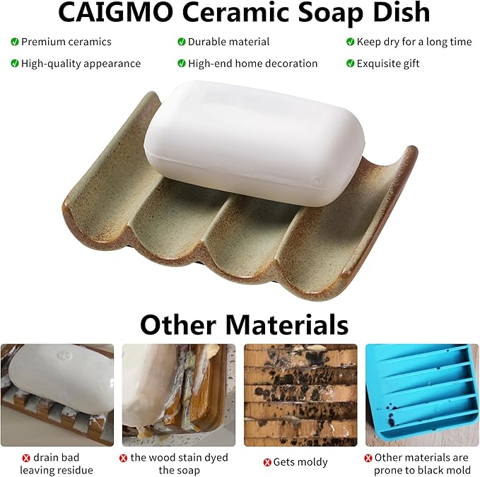 Soap Dish, Draining Ceramic Soap Holder Fluted Design Bar Soap Holder for Shower Bathroom, Soap Saver, Gift for Women Man, White 1 Pcs