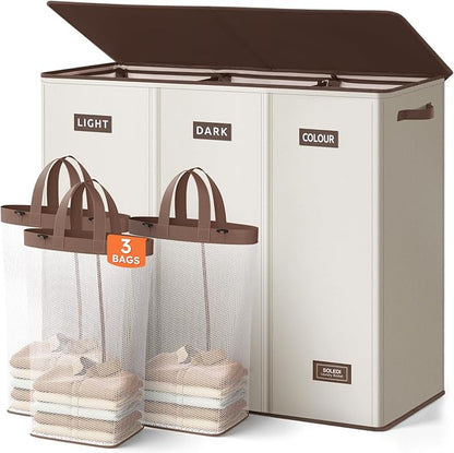 SOLEDI 200L 3-Section Laundry Hamper with Lid, Extra Large Dirty Clothes Basket with Sturdy Handles for Laundry Room & Bedroom - Durable Organizer for Sorting Laundry