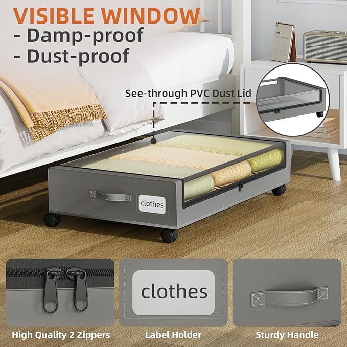 Somdot Under Bed Storage with Wheels, 2 Pack Bed Storage Containers with Dividers & Clear Lids, Easy Pull-out Metal Drawer for Clothes, Shoes,Toys, Blankets (Charcoal Grey)