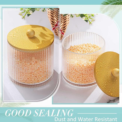 Yaomiao 6 Pcs Ribbed Bathroom Canisters Apothecary Jars with Golden Bamboo Lids and Label Stickers, 18 oz Plastic Canister with Fluted Design for Cotton Ball, Swab, Floss Picks House Storage