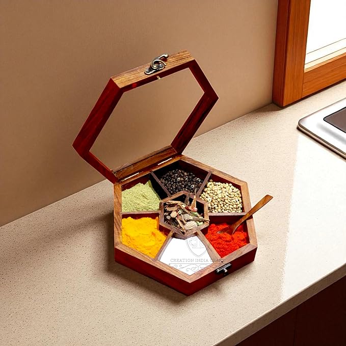 Wooden Spice Box, Masala Container, Condiments Storage Case for Kitchen, Multipurpose Decorative Box - Indian Rosewood Crafted