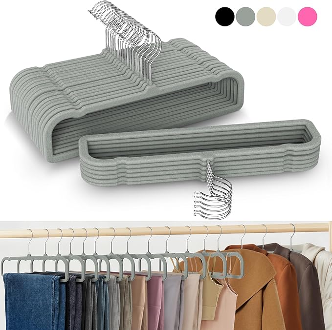 50 Pack Velvet Hangers Non Slip, Felt Pants Hangers Thin Space Saving Clothes Hanger Flocked Strong Durable Ganchos Para Colgar Ropa with 360°Swivel Hook for Pants Jeans Shorts Tank Top, Charcoal Grey