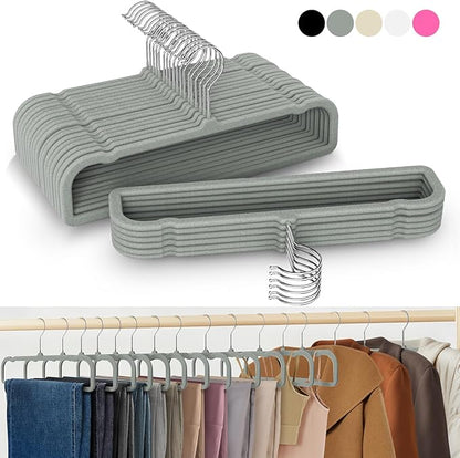 50 Pack Velvet Hangers Non Slip, Felt Pants Hangers Thin Space Saving Clothes Hanger Flocked Strong Durable Ganchos Para Colgar Ropa with 360°Swivel Hook for Pants Jeans Shorts Tank Top, Charcoal Grey